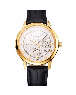 Swiss Vacheron Constantin Traditionnelle Power Reserve White Dial Gold Case Black Leather Strap