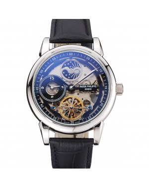 Patek Philippe Dual Time Moonphase Tourbillon Black Skeletonised Dial Stainless Steel Case Black Leather Strap