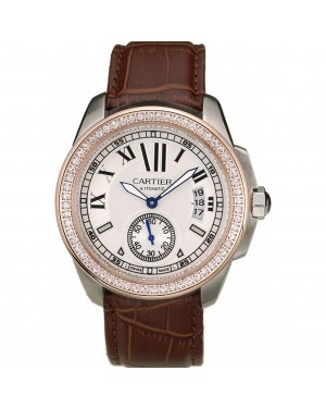 Cartier Calibre White Dial Diamonds Two Tone Case Brown Leather Bracelet