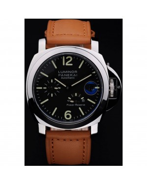 Panerai Luminor Power Reserve Black Dial Steel Case Brown Leather Bracelet