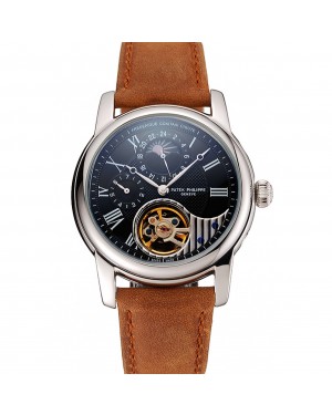 Patek Philippe Grand Complications GMT Moonphase Tourbillon Black Dial Stainless Steel Case Brown Suede Leather Strap 1453822