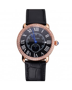 Cartier Ronde Louis Cartier Black Dial Gold Case Diamond Bezel Black Leather Strap
