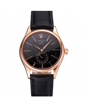 Swiss Rolex Cellini Black Dial Rose Gold Case Black Leather Strap