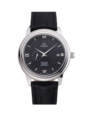 Omega De Ville Prestige Co-Axial Black Dial Silver Case Black Leather Strap Roman Numeral