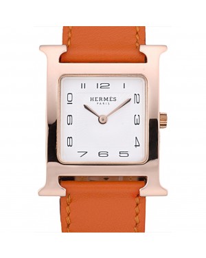 Hermes Heure H Rose Gold Bezel Orange Leather Strap White Dial 80234