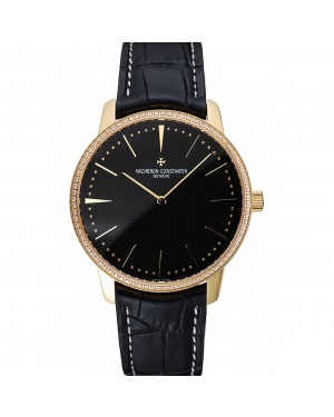 Swiss Vacheron Constantin Patrimony Grand Taille Black Dial Gold Diamond Case Black Leather Bracelet 1454183