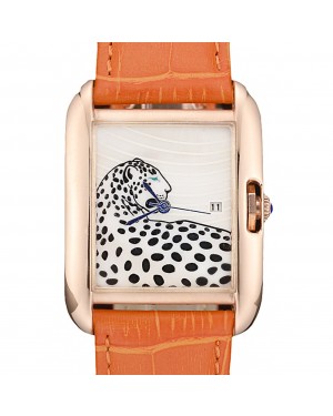 Cartier Tank Anglaise White Tiger Dial Gold Case Orange Leather Bracelet