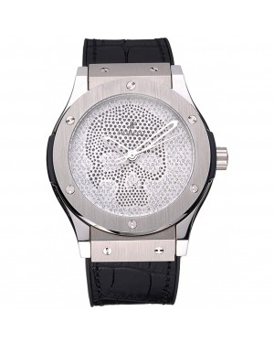 Hublot Classic Fusion Diamond Skull Dial Stainless Steel Case Black Leather Strap 622814