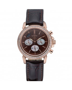 Omega De Ville Chronograph Brown Dial Gold Diamond Case Brown Leather Bracelet 622457