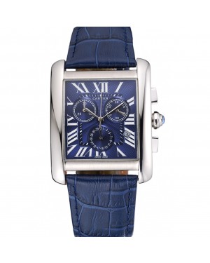 Cartier Tank MC Blue Dial Stainless Steel Case Blue Leather Bracelet 622691