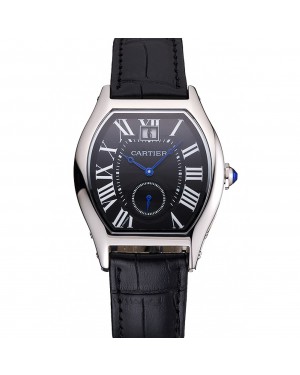 Cartier Tortue Large Date Black Dial Stainless Steel Case Black Leather Strap