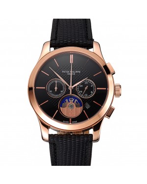 Patek Philippe Chronograph Black Dial Rose Gold Case Black Leather Strap