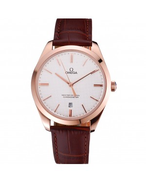 Swiss Omega DeVille Tresor White Dial Gold Case Brown Leather Strap 622846