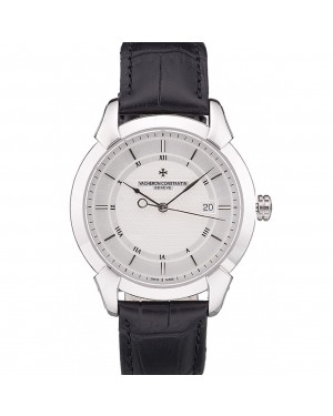 Swiss Vacheron Constantin Traditionnelle White Dial Roman Numerals Black Leather Bracelet