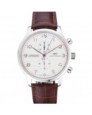 IWC Portugieser Chronograph White Dial Rose Gold Hands And Numerals Stainless Steel Case Brown Leather Strap