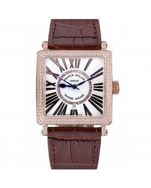 Franck Muller Master Square Diamond Encrusted Rose Gold Bezel Brown Croco Bracelet 80283