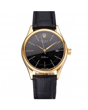 Swiss Rolex Cellini Date Black Dial Gold Case Black Leather Strap