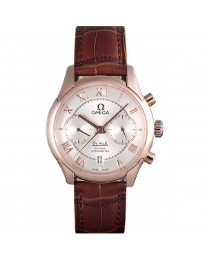 Omega DeVille Rose Gold Bezel with White Dial and Brown Leather Strap 621570