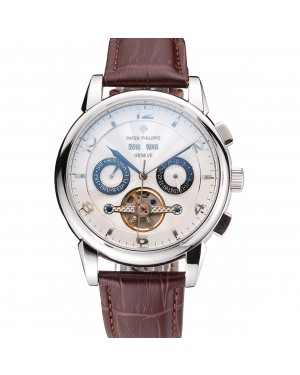 Patek Philippe Classic Tourbillon Power Reserve Black And White Dial Stainless Steel Case Brown Leather Strap