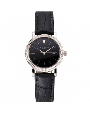 Patek Philippe Calatrava Black Dial Double Ribbed Bezel Stainless Steel Case Black Leather Strap