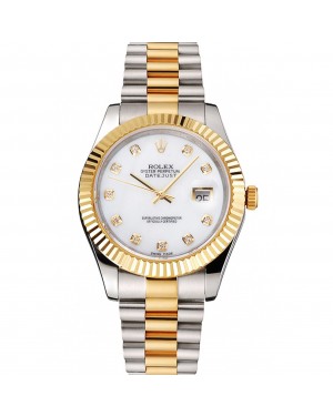 Swiss Rolex Datejust White Dial Diamond Hour Marks Gold Bezel Stainless Steel Case Two Tone Bracelet