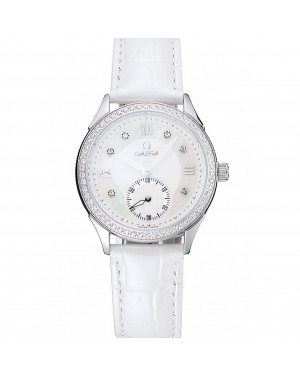 Omega DeVille Prestige White Dial Silver Diamond Case White Leather Bracelet 1454119