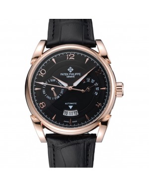 Patek Philippe Complications Chronograph Black Dial Gold Case Black Leather Bracelet 1454235
