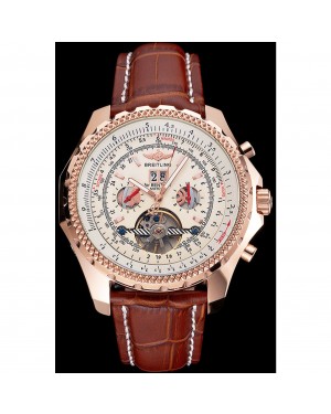 Breitling For Bentley Mulliner Tourbillon White Dial Rose Gold Case Brown Leather Strap