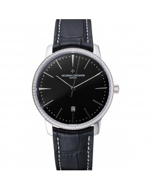 Swiss Vacheron Constantin Patrimony Black Dial Silver Diamonds Case Black Leather Bracelet 1454164