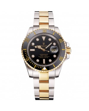 Swiss Rolex Submariner Black Dial And Bezel Two Tone Steel Gold Bracelet