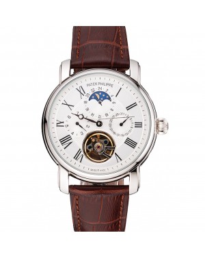 Patek Philippe Grand Complications Moonphase Perpetual Calendar Tourbillon White Dial Stainless Steel Case Brown Leather Strap