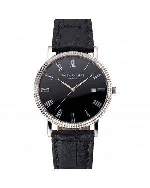 Patek Philippe Calatrava Black Dial Roman Numerals Ribbed Bezel Stainless Steel Case Black Leather Strap