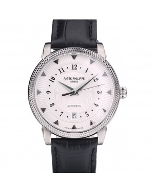 Patek Philippe Swiss Calatrava Ribbed Bezel White Dial Black Leather Strap 7657