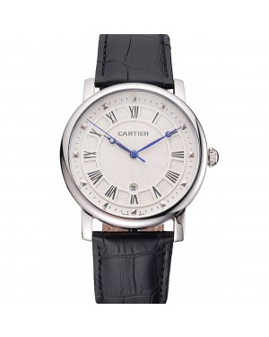 Cartier Rotonde Date White Dial Stainless Steel Case Black Leather Strap
