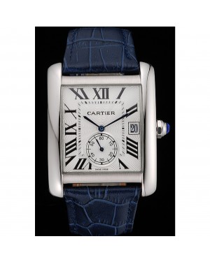 Cartier Tank MC White Dial Stainless Steel Case Blue Leather Strap 622575