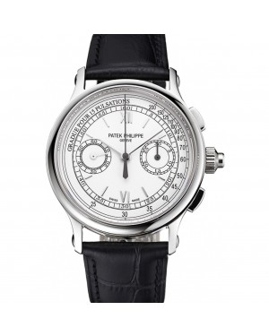 Swiss Patek Philippe 5170J Chronograph White Dial Stainless Steel Case Black Leather Strap