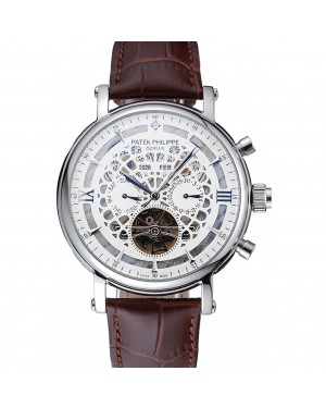 Patek Philippe Grand Complications Annual Calendar White Dial Silver Case Brown Leather Bracelet 1454233