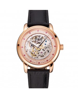 Swiss Piaget Altiplano Skeleton Dial With Diamonds Rose Gold Case Black Leather Strap