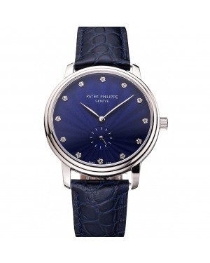 Patek Philippe Calatrava Blue Guilloche Dial Stainless Steel Case Blue Leather Strap
