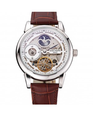 Patek Philippe Dual Time Moonphase Tourbillon White Skeletonised Dial Stainless Steel Case Brown Leather Strap