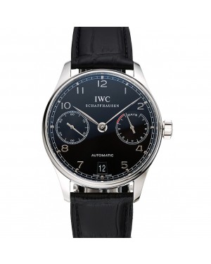 Swiss IWC Portuguese Black Dial Silver Case Black Leather Bracelet 1453903