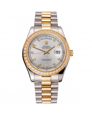 Swiss Rolex Day-Date White Dial Gold Diamond Case Two Tone Stainless Steel Bracelet 1453971