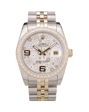 Rolex DateJust Brushed Stainless Steel Case Silver Flowers Dial Diamonds Plated