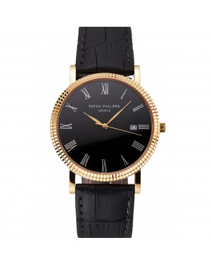 Patek Philippe Calatrava Black Dial Roman Numerals Ribbed Bezel Gold Case Black Leather Strap