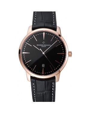 Swiss Vacheron Constantin Patrimony Black Dial Rose Gold Case Black Leather Bracelet 1454168