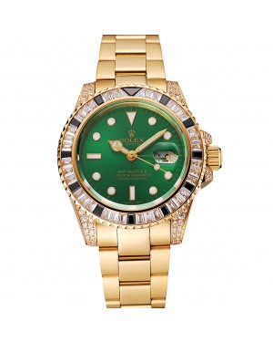 Swiss Rolex GMT Master II Green Dial Stone Set Bezel Gold Case And Bracelet 1453748