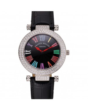 Franck Muller Double Mistery Ronde Black Dial Stainless Steel Case Black Leather Strap