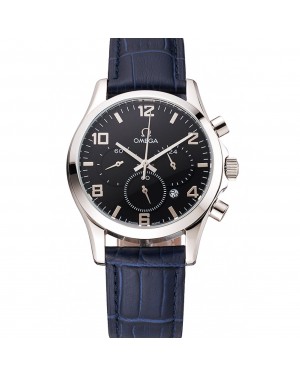 Omega Chronograph Black Dial Stainless Steel Case Blue Leather Strap