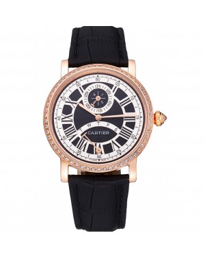 Cartier Rotonde Black And White Dial Gold Case With Jewels Black Leather Strap 622758