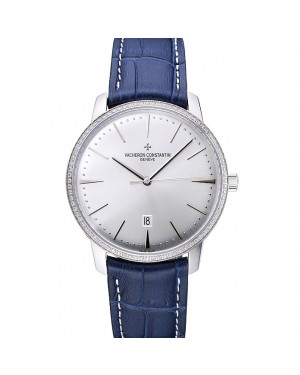 Swiss Vacheron Constantin Patrimony Silver Dial Silver Diamonds Case Blue Leather Bracelet 1454161